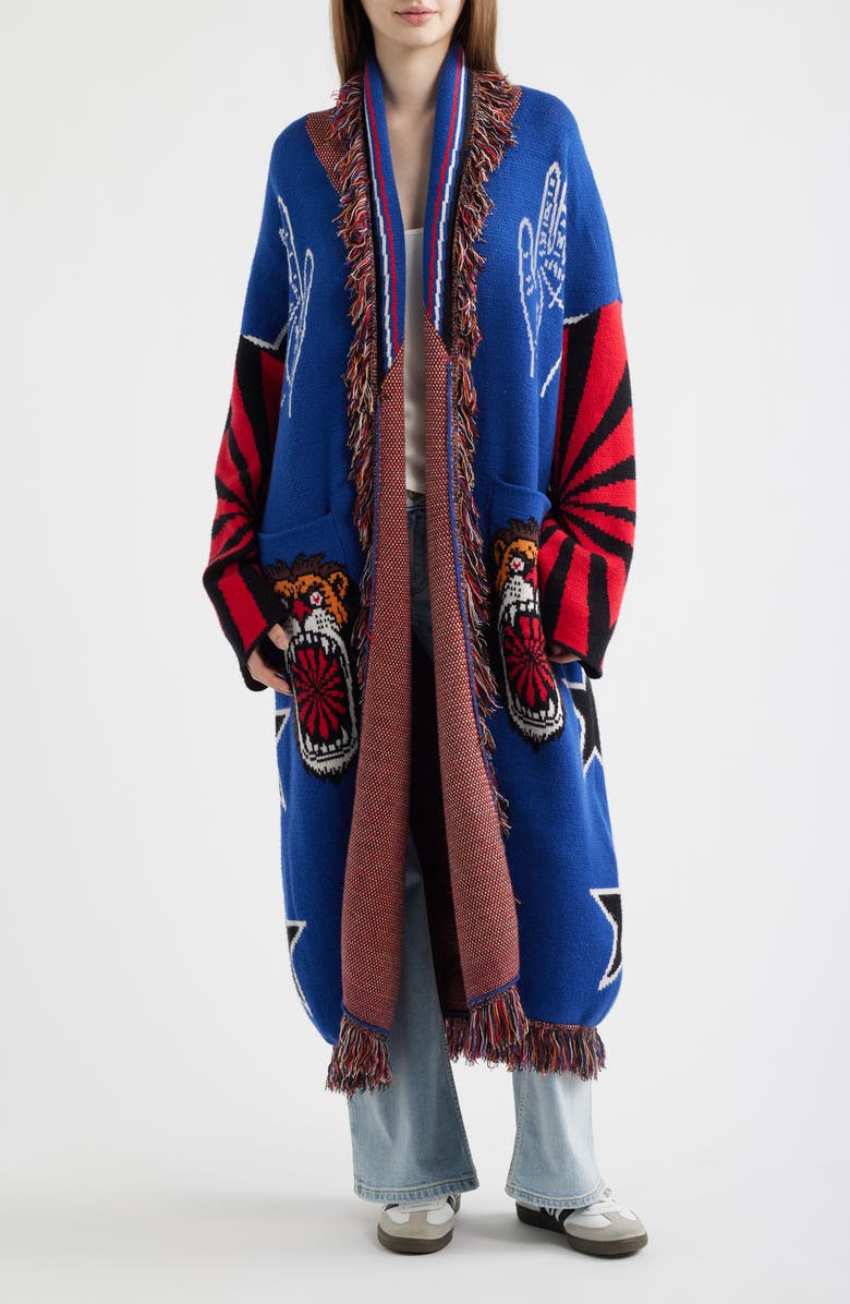 Dressed in Lala You Can Have It All Luxe Fringe Cardigan, Main, color, Royal Blue/ Red