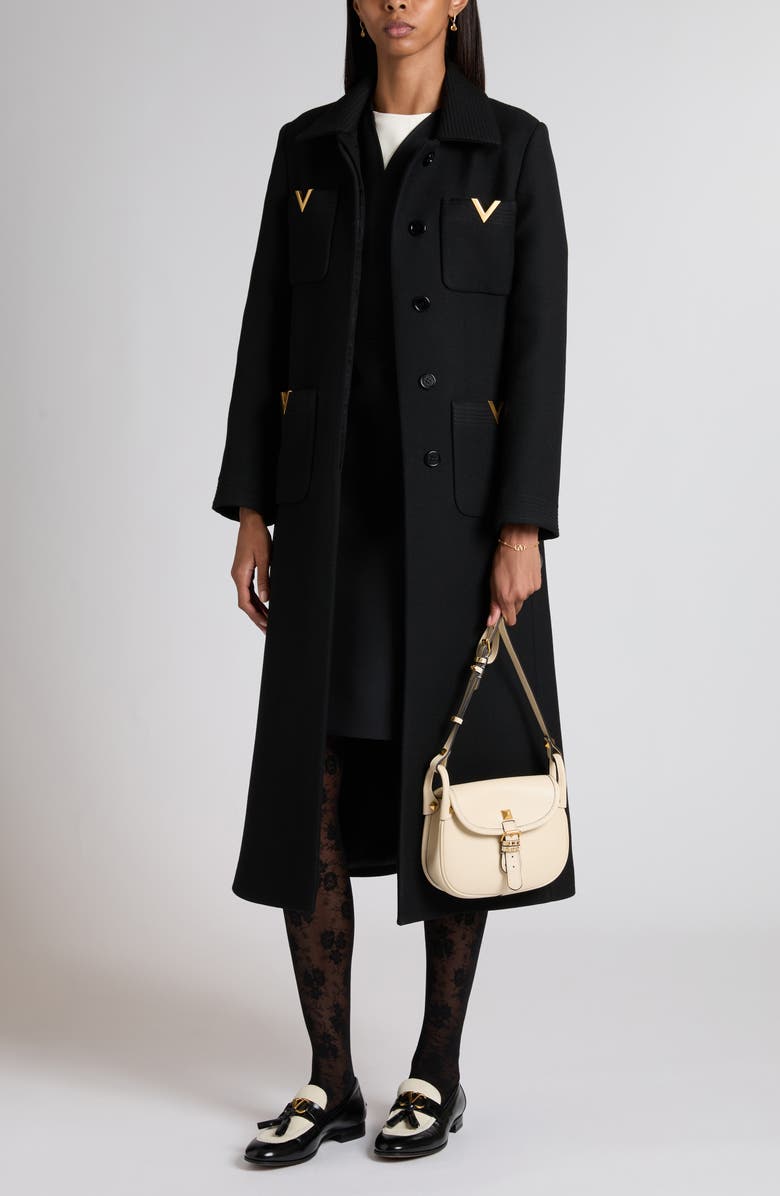 Valentino Garavani V-Detail Belted Virgin Wool & Silk Drill Coat, Alternate, color, Black