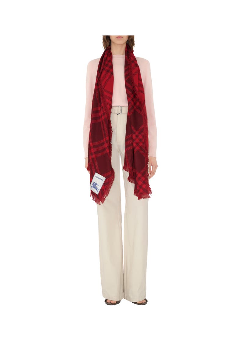 Wide Check Wool Silk Scarf, Alternate, color, Oxblood red/pillar red
