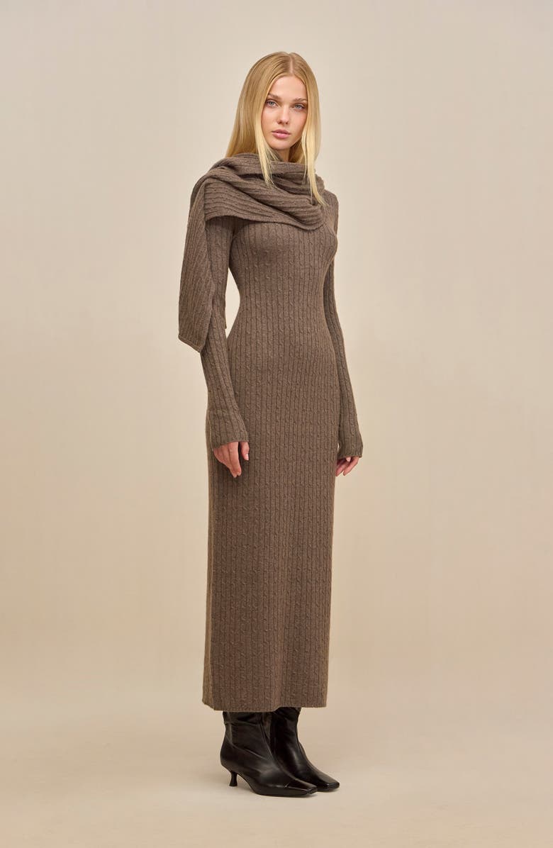 Cult Gaia Natacha Long Sleeve Wool & Cashmere Sweater Dress with Attached Scarf, Alternate, color, Otter
