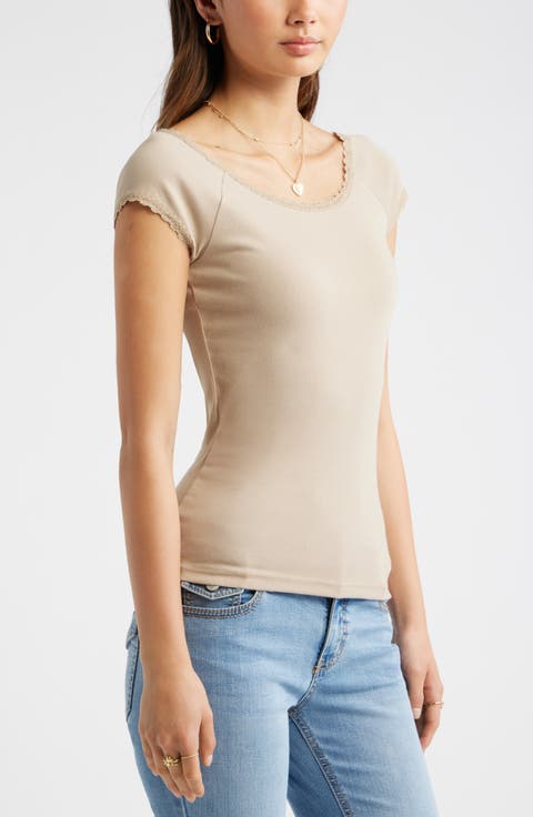 Lace Trim Cotton Blend T-Shirt