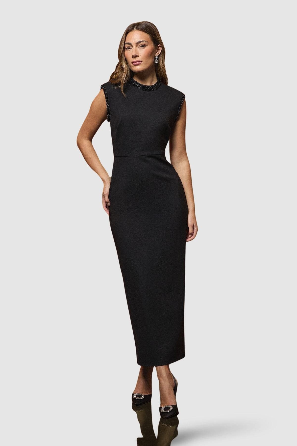 Beaded High Neck Column Maxi Dress