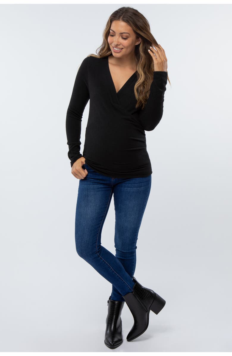 PinkBlush Brushed Knit Wrap Front Top, Alternate, color, Black