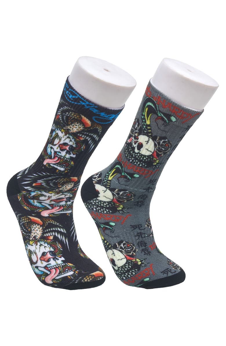 Ed Hardy Skull 360 Print Full Cushion Crew Sock 2-Pack, Main, color, Black