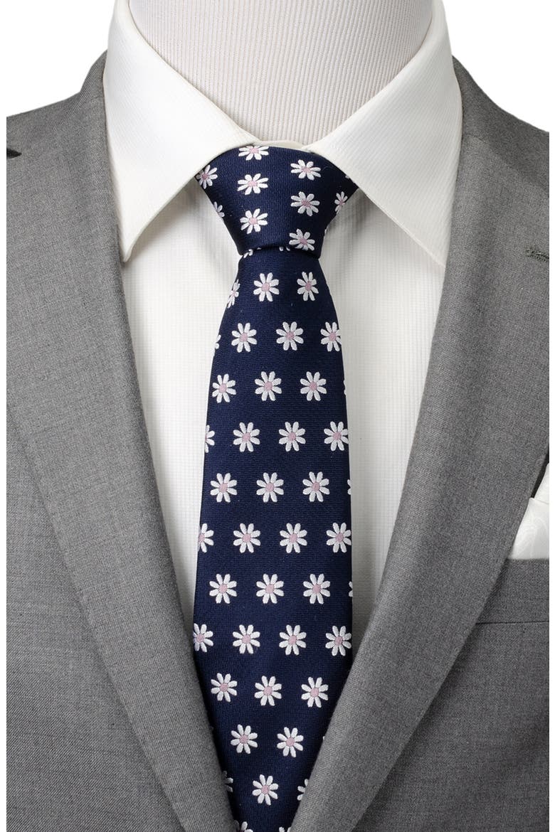 Daisy Floral Silk Tie, Alternate, color, NAVY