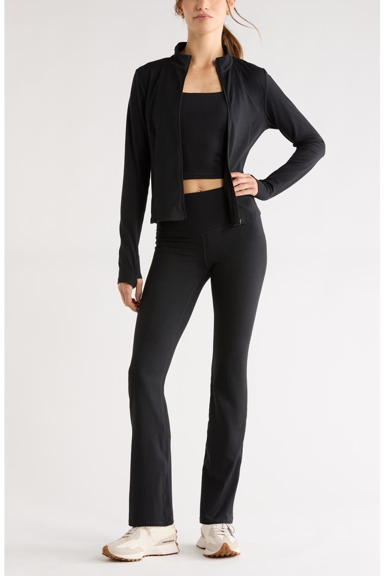 Thrive Rib Knit Zip Front Sweatshirt, Alternate, color, BLACK