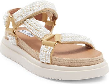 パール輝く【STEVE MADDEN】 Matina プラットフォーム サンダル Steve Madden Matina Pearl Embellished Platform Sandals