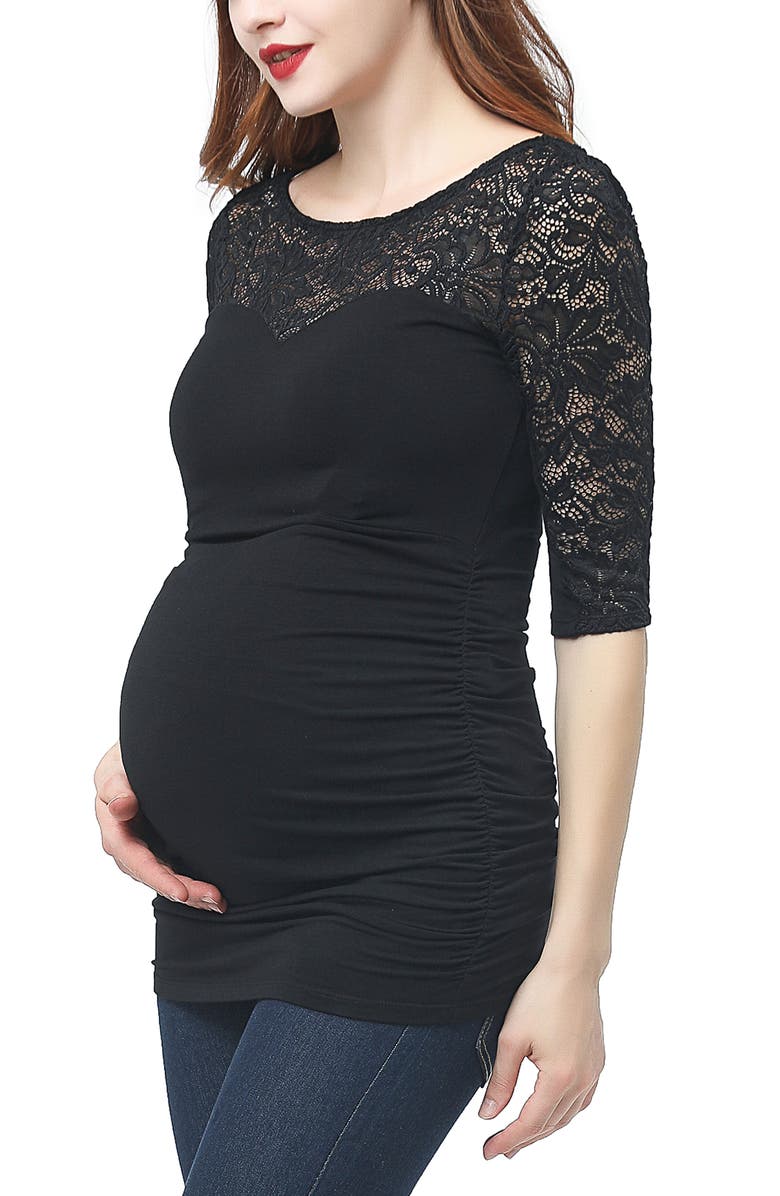 Kimi & Kai Maternity Lace Trim Top, Alternate, color, Black