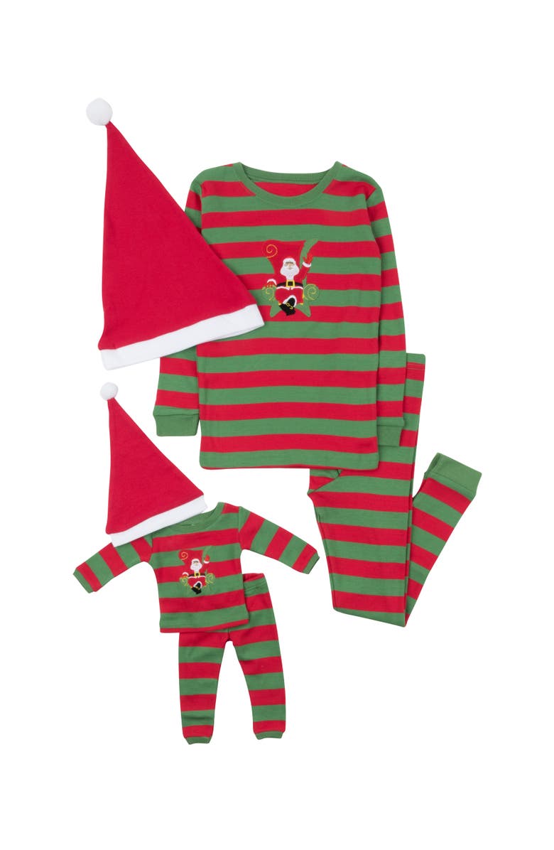 Leveret Girls 2-pc. Cotton Pajamas with Matching Doll Accessory - Holiday Prints/Solids, Main, color, Santa Red/Green Stripes