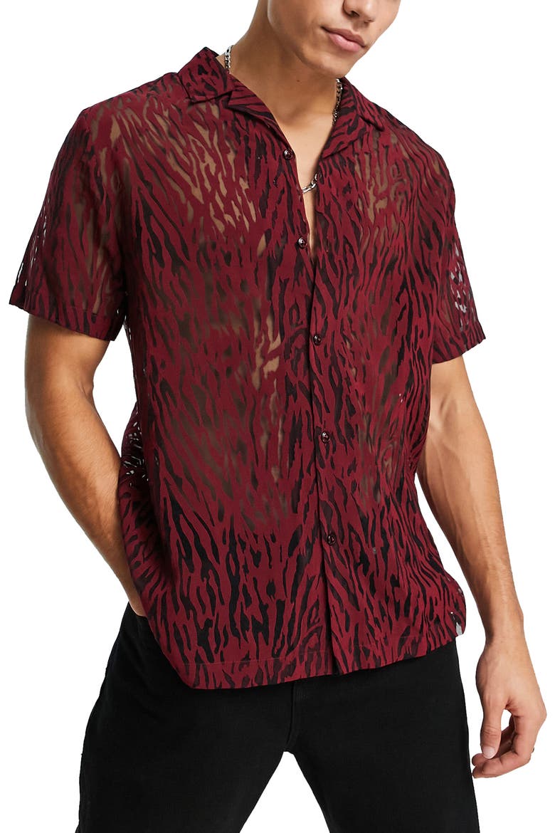 Tiger Print Burnout Camp Shirt, Main, color, RED