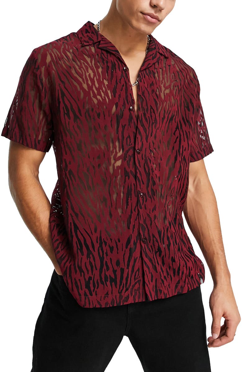 Topman Tiger Print Burnout Camp Shirt, Main, color,