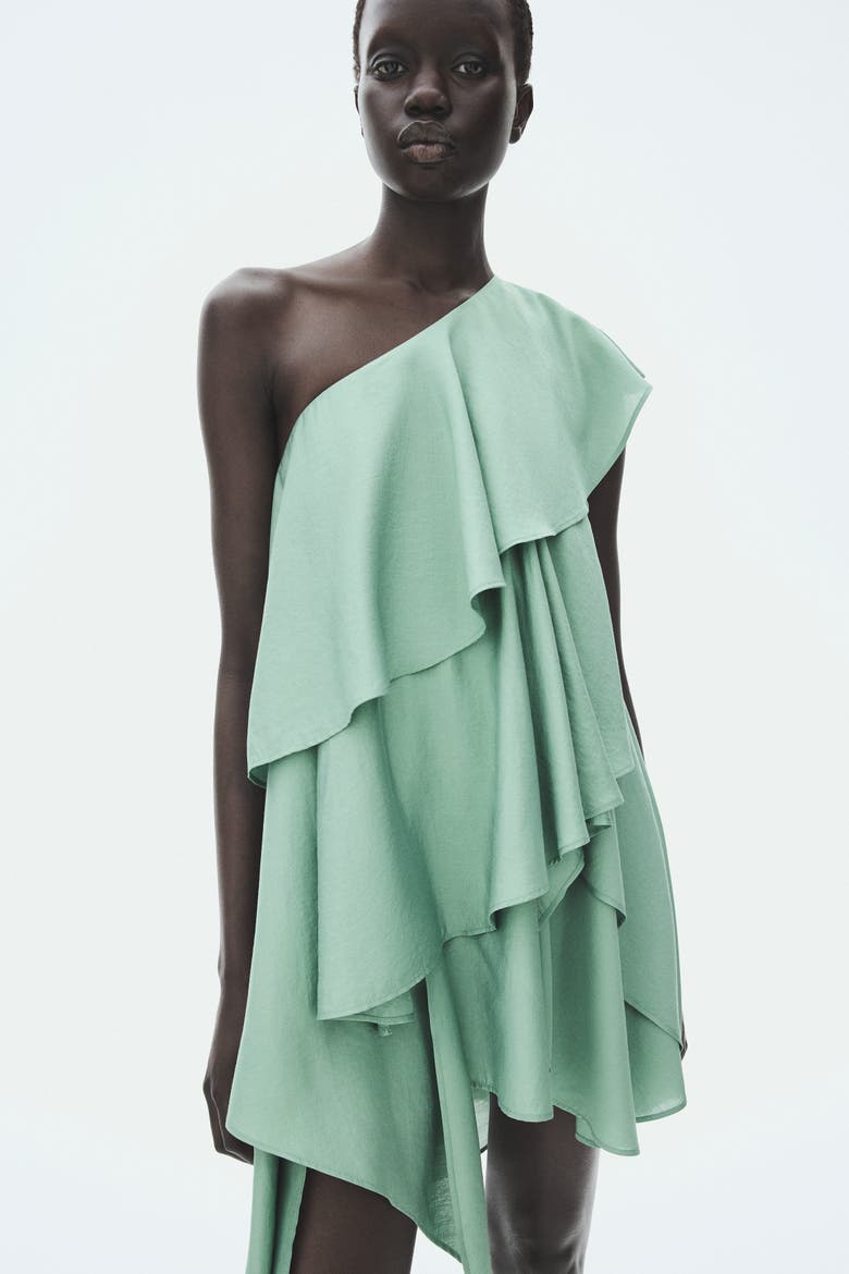 Flounced One-shoulder Dress, Alternate, color, Dusty green