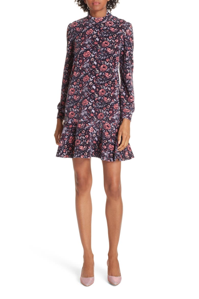 Floral Velour Fit & Flare Dress, Main, color, MIDNCO