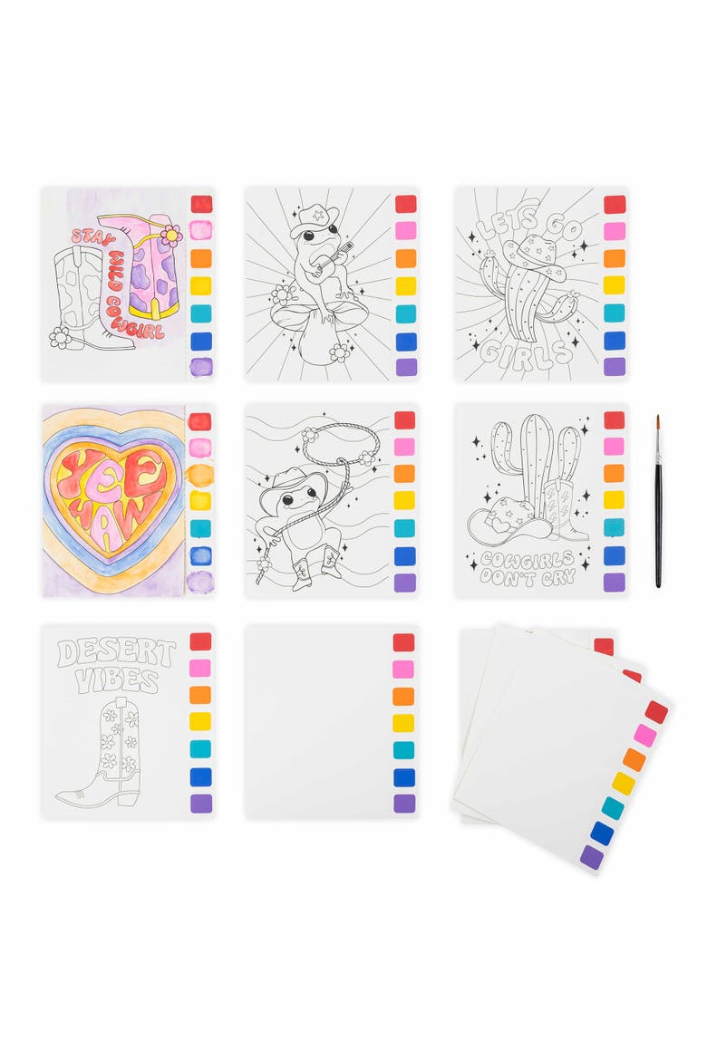Watercolor Pad Kit, Western, 8 Frog & Cowgirl Designs, Alternate, color, Multicolored