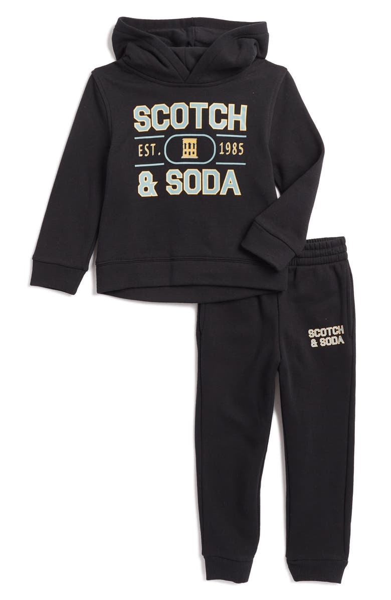 Scotch & Soda Kids' Logo Graphic Fleece Hoodie & Joggers Set, Main, color, Black