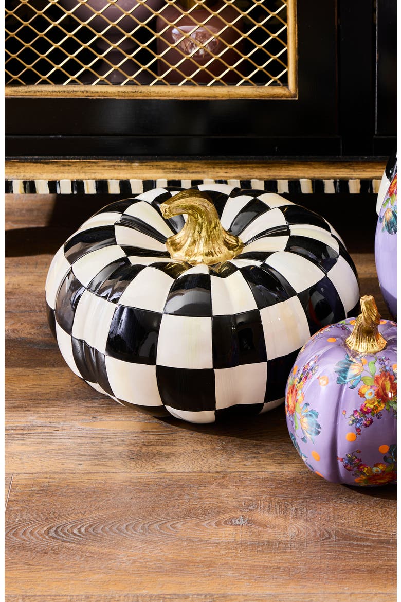 Courtly Check Squashed Glossy Pumpkin Ornament, Alternate, color, BLACK