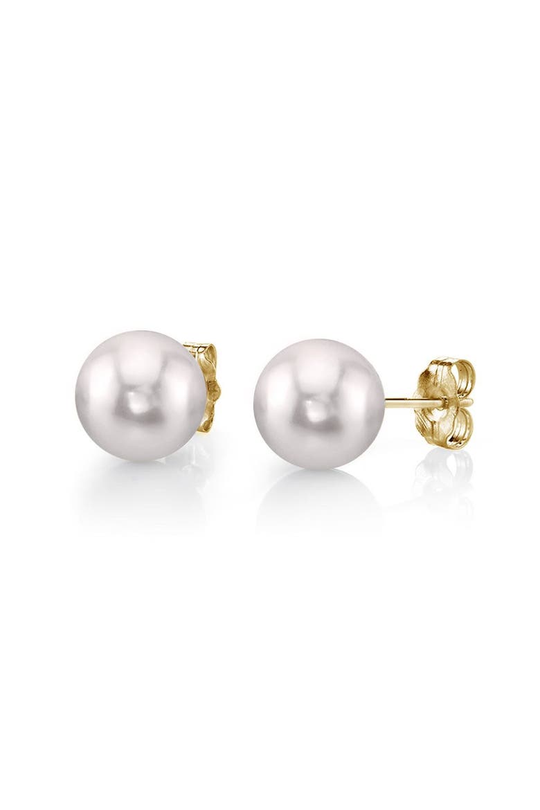 9.0-9.5mm White Akoya Round Pearl Stud Earrings, Main, color, Yellow Gold
