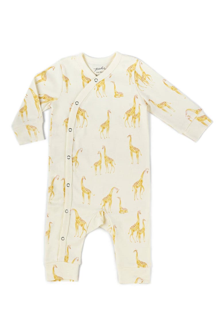 Follow Me Giraffe Print Organic Cotton Romper, Main, color, YELLOW