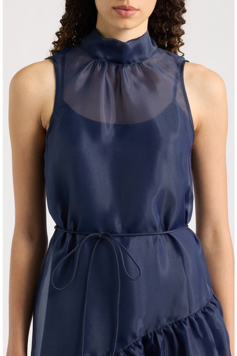 Tie Neck Organza Overlay Gown, Alternate, color, NAVY