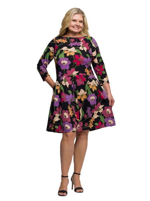 24seven Comfort Apparel Plus Size Black Multicolor Floral Fit And Flare Pocket Knee Length Dress In Multi