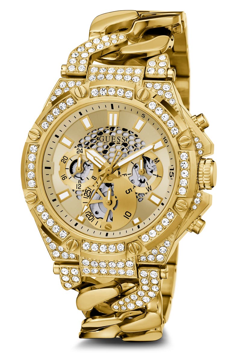 Multifunction Crystal Skeleton Curb Chain Bracelet Watch, 46mm, Main, color, GOLD/GOLD/GOLD