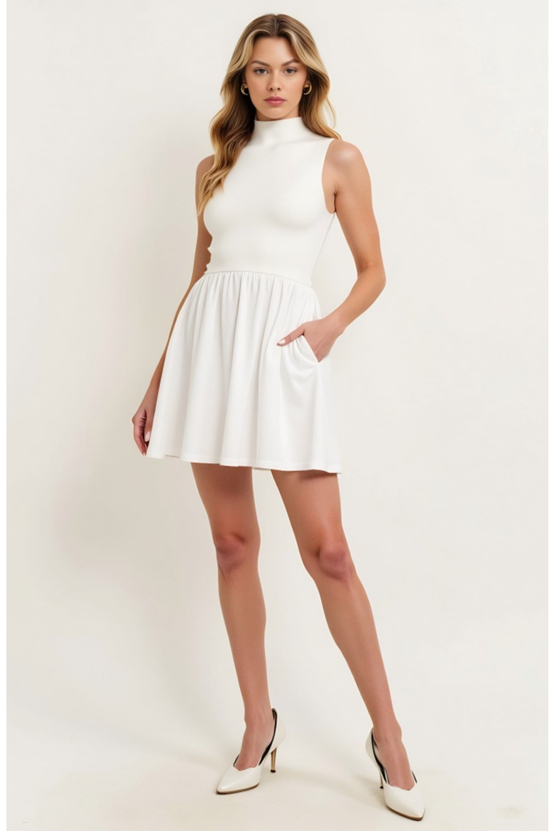 Mock Neck Sleeveless Mini Dress with Gathered Skirt and Pockets, Alternate, color, White