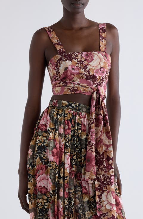 Floral Print Tie Front Silk Twill Crop Top