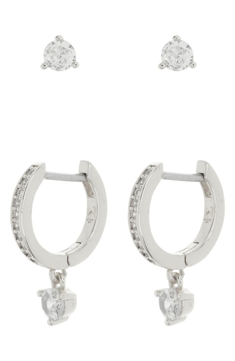 Kate Spade New York crystal stud & huggie earrings set, Main, color, Clear/Silver.