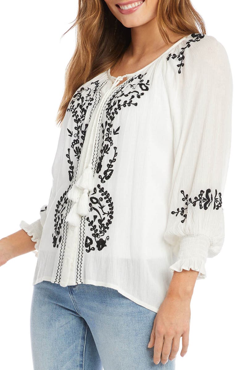 Karen Kane Embroidered Tie Neck Button-Up Peasant Top, Alternate, color, White