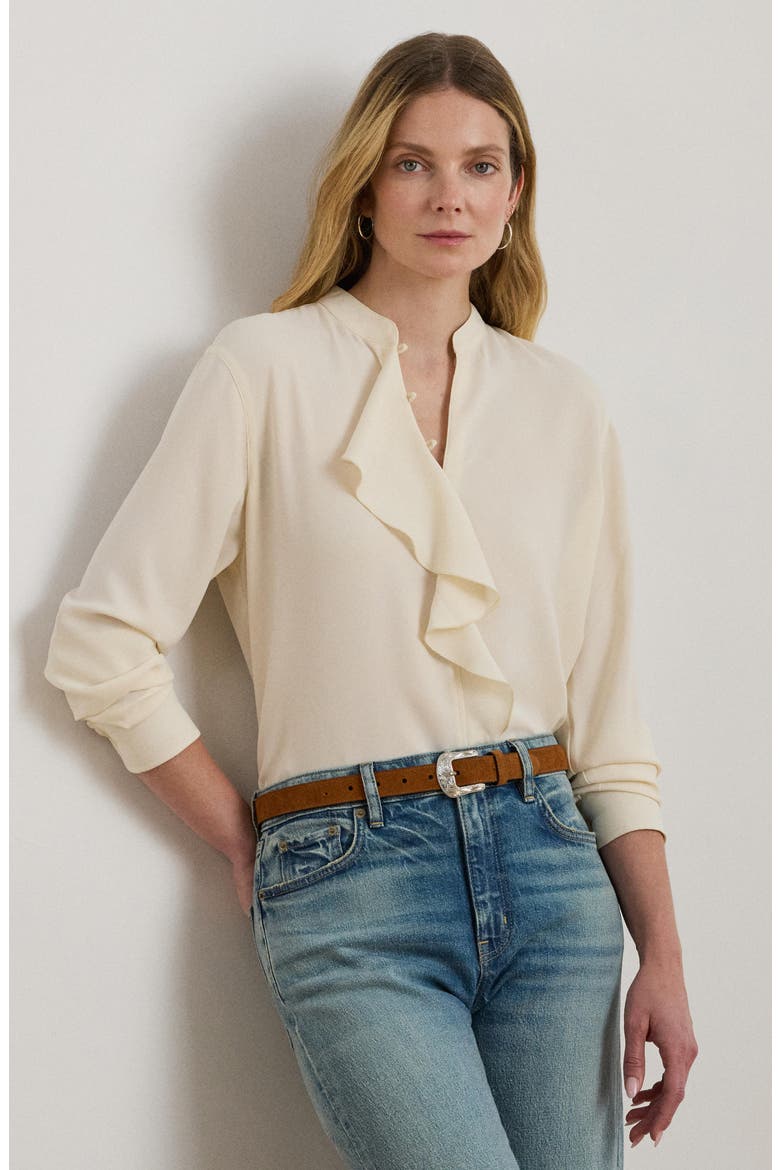 Ruffle Trim Georgette Tunic, Alternate, color, MASCARPONE CREAM