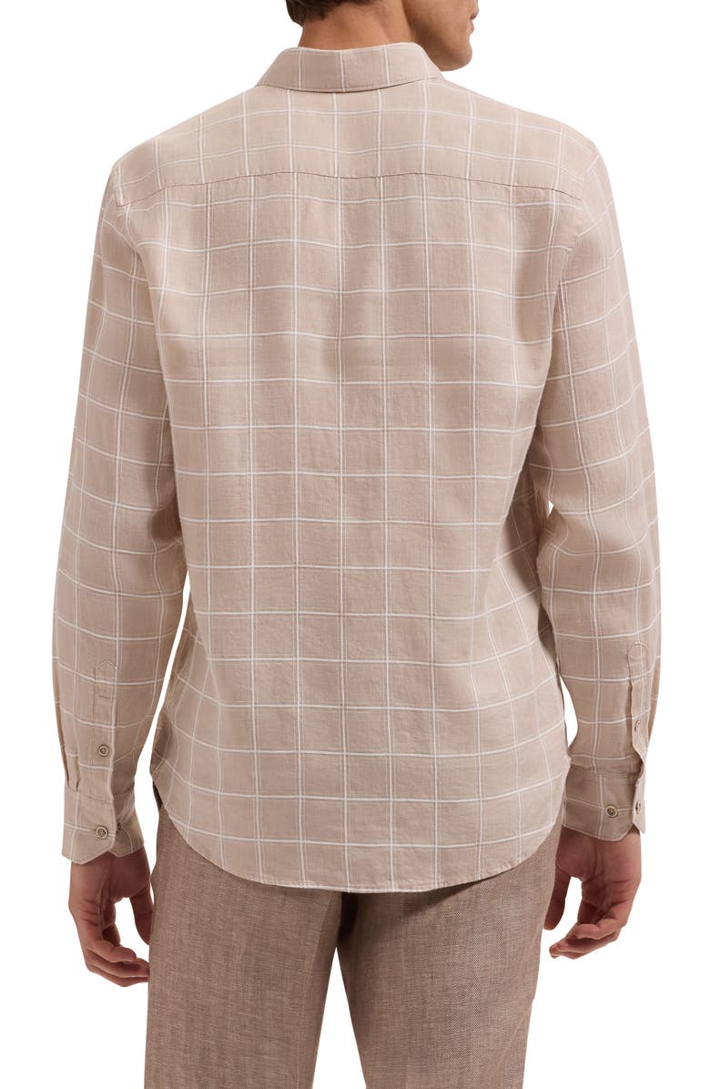Bugatchi Austin Shaped Fit Windowpane Check Linen & Cotton Button-Down Shirt, Alternate, color, Desert
