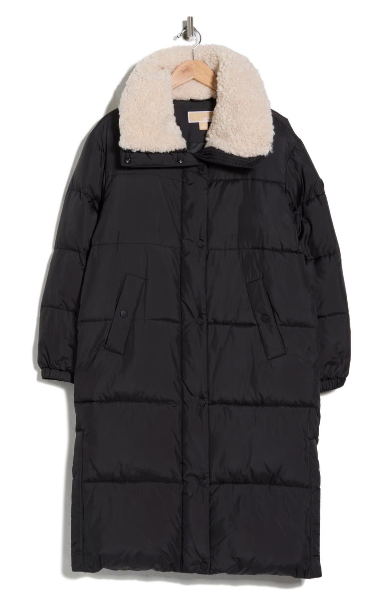Michael Kors Faux Shearling Collared 450 Fill Power Longline Jacket, Alternate, color, Black