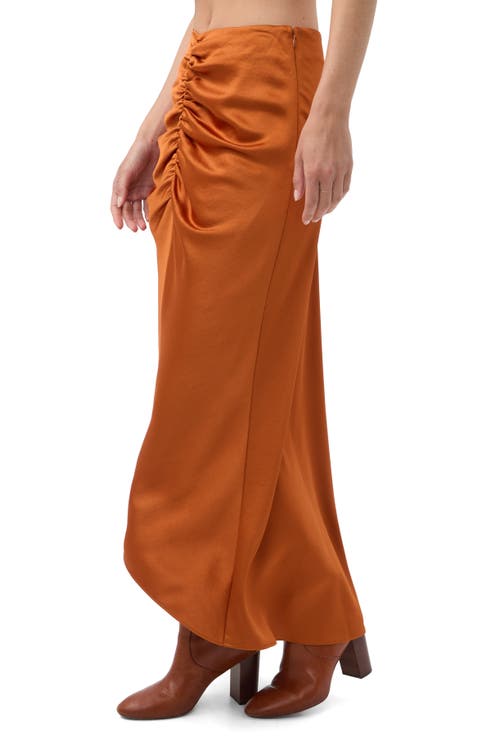 Trina Turk Aspen Satin Ruched Midi Skirt In Brown