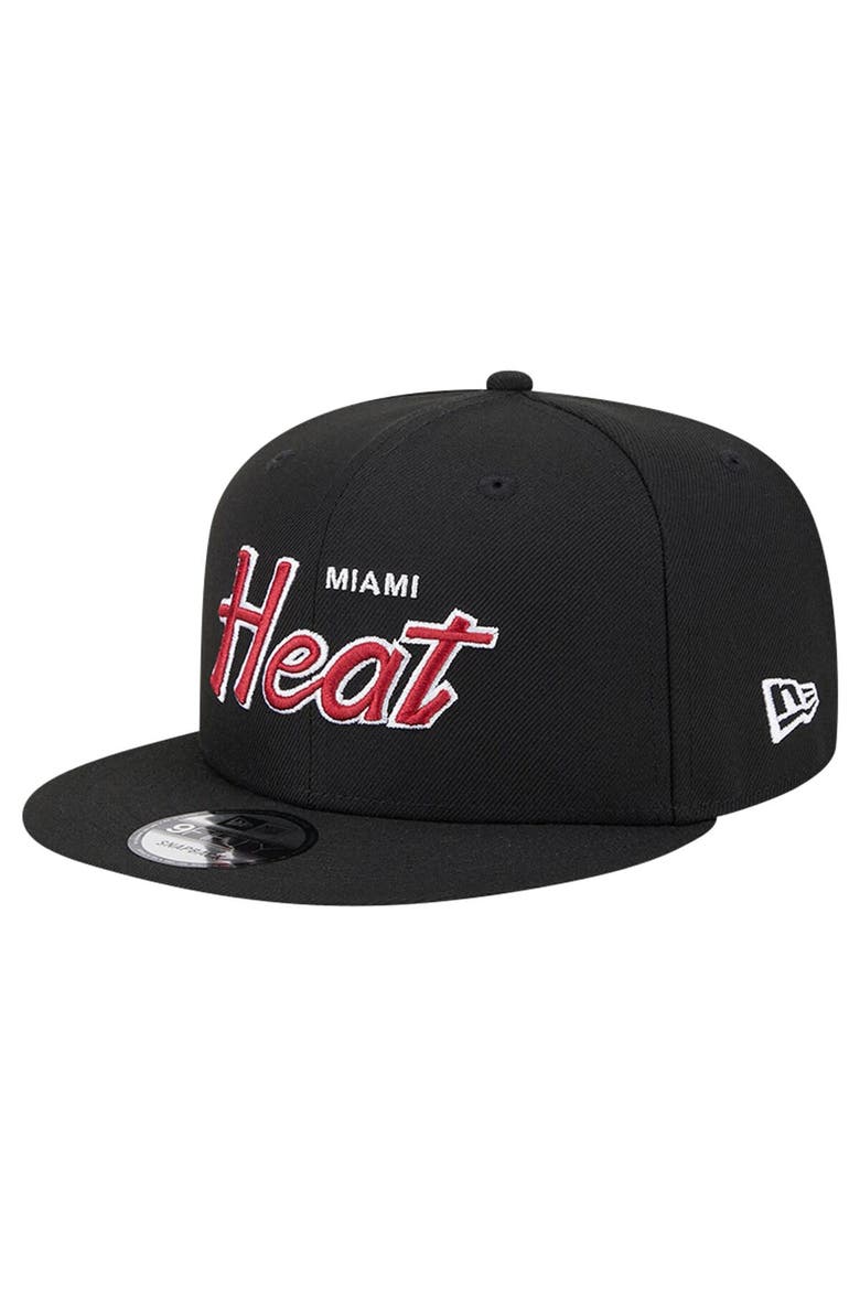 Men's New Era Black Miami Heat Evergreen Script Side Patch 9FIFTY Snapback Hat, Alternate, color, Black
