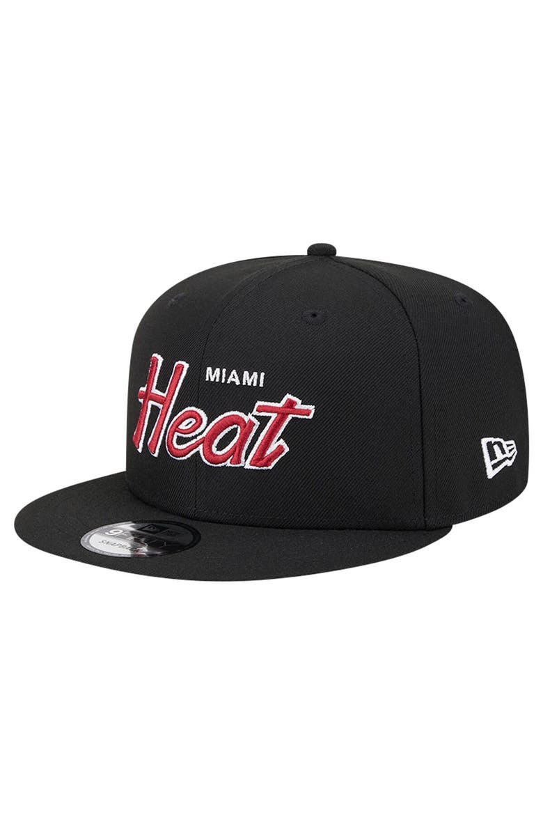 New Era Men's New Era Black Miami Heat Evergreen Script Side Patch 9FIFTY Snapback Hat, Alternate, color, 