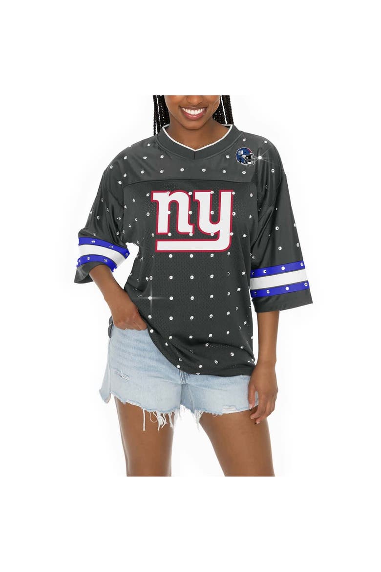 Women's Gameday Couture Anthracite New York Giants Kickoff Time Allover Rhinestone Sports Stripe Jersey V-Neck T-Shirt, Alternate, color, Anthracite