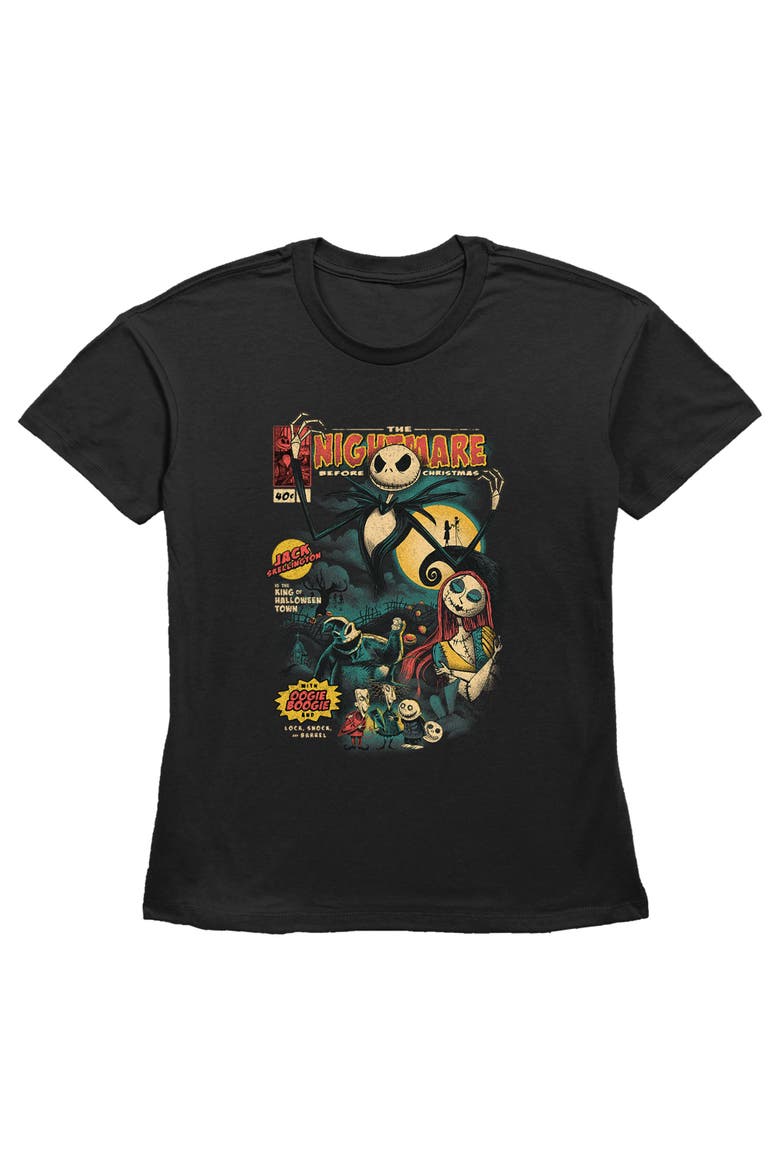 Women's The Nightmare Before Christmas Jack and Sally Comic Cover T-Shirt, Main, color, Black