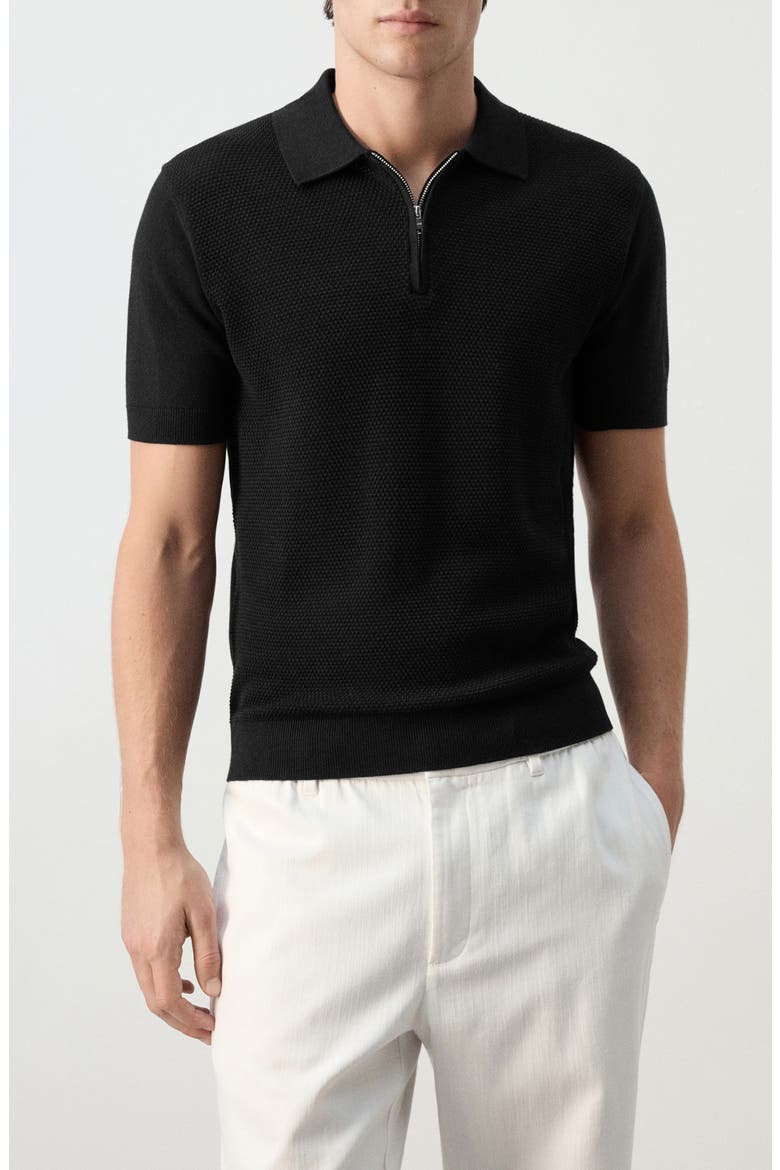 Zip Cotton Knit Polo, Main, color, BLACK
