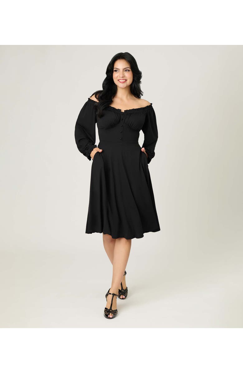 Unique Vintage Peasant Sleeve Swing Dress, Alternate, color, Black Ruffle