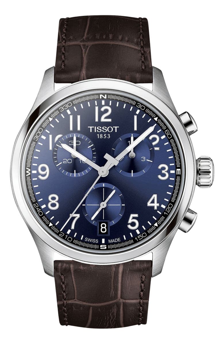 Tissot Chrono XL Sport Collection Leather Strap Watch, 42mm, Main, color, Blue