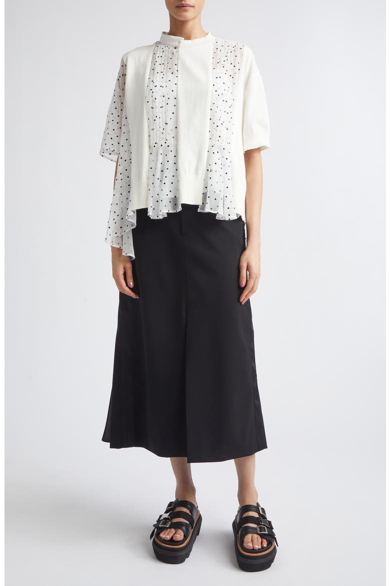 Pleated Polka Dot Mixed Media Top, Alternate, color, WHITE