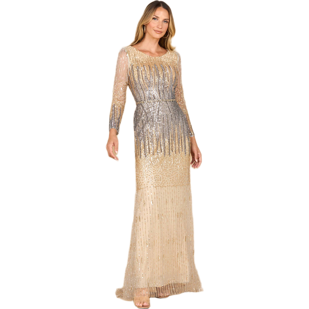 Lara New York Mermaid, Beaded Long Sleeve Gown In Multi
