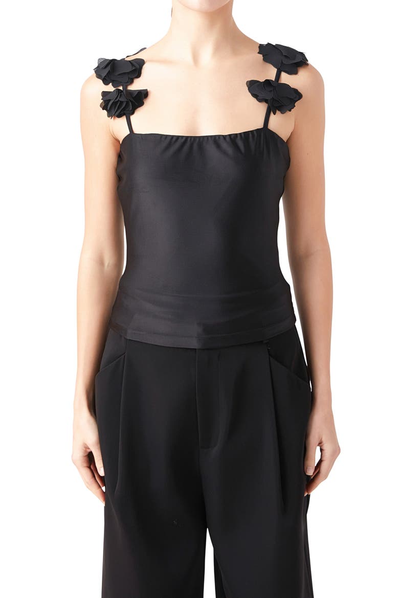 Rosette Shoulder Fitted Top, Alternate, color, BLACK