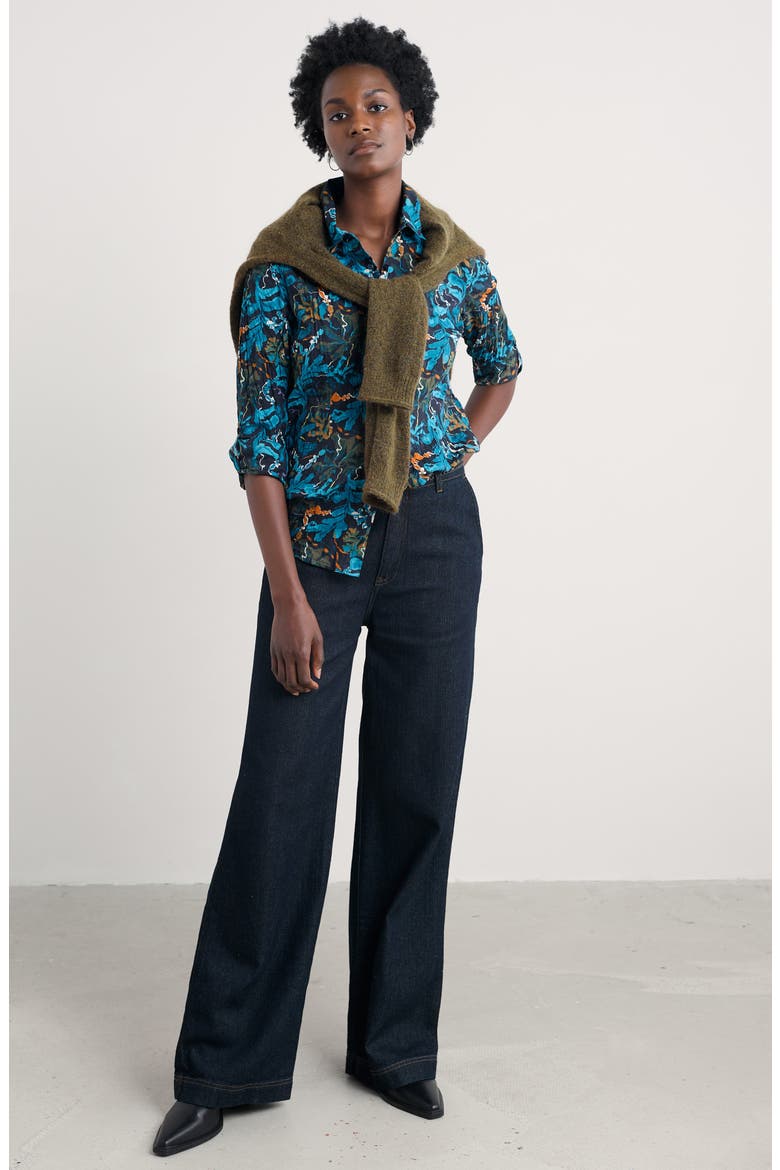 Larissa Printed Organic Cotton Button-Up Shirt, Alternate, color, FLOATING FRONDS MARITIME