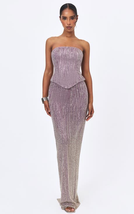 Tosca Crystal Beaded Corset Strapless Peplum Dress