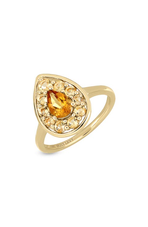 14K Yellow Gold Pear Cut Citrine Halo Ring