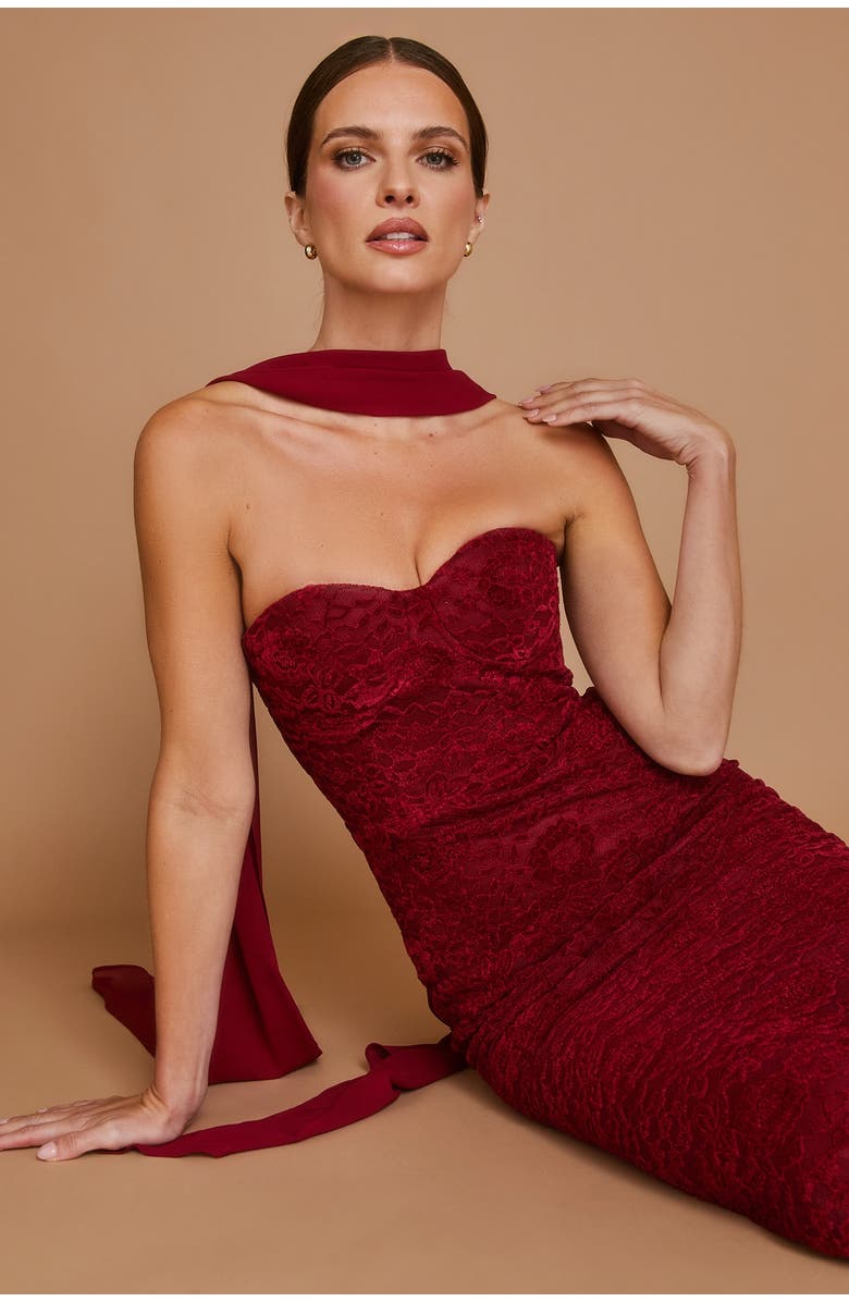 Six Stories Velvet Lace Corset Bandeau Maxi Dress, Alternate, color, Wine