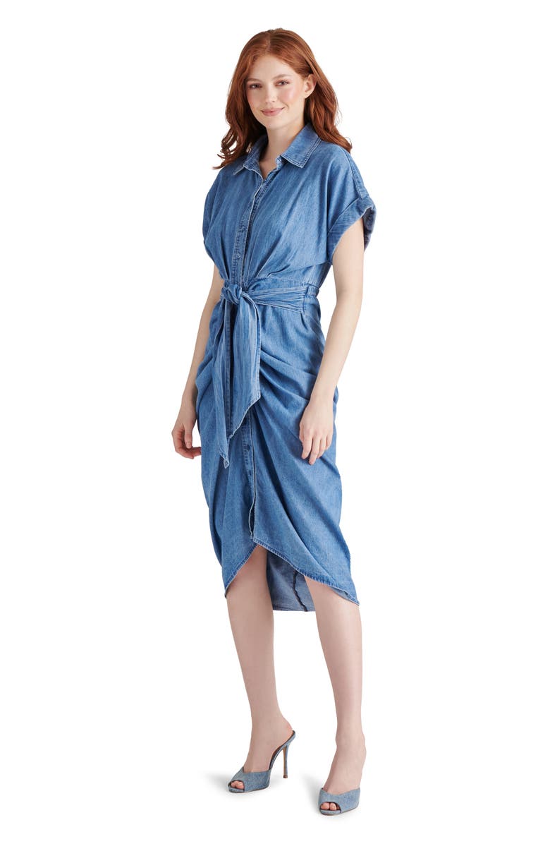 Steve Madden Tori Tie Waist Denim Midi Shirtdress, Alternate, color, Chambray Blue