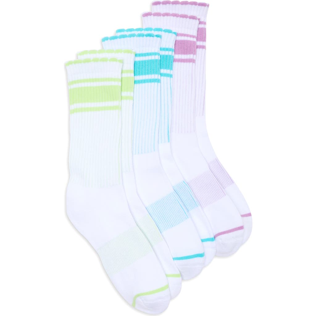 Zella Girl Kids' Peek-a-boo Assorted 3-pack Stripe Scallop Crew Socks In Purple Sugar- Multi Pack