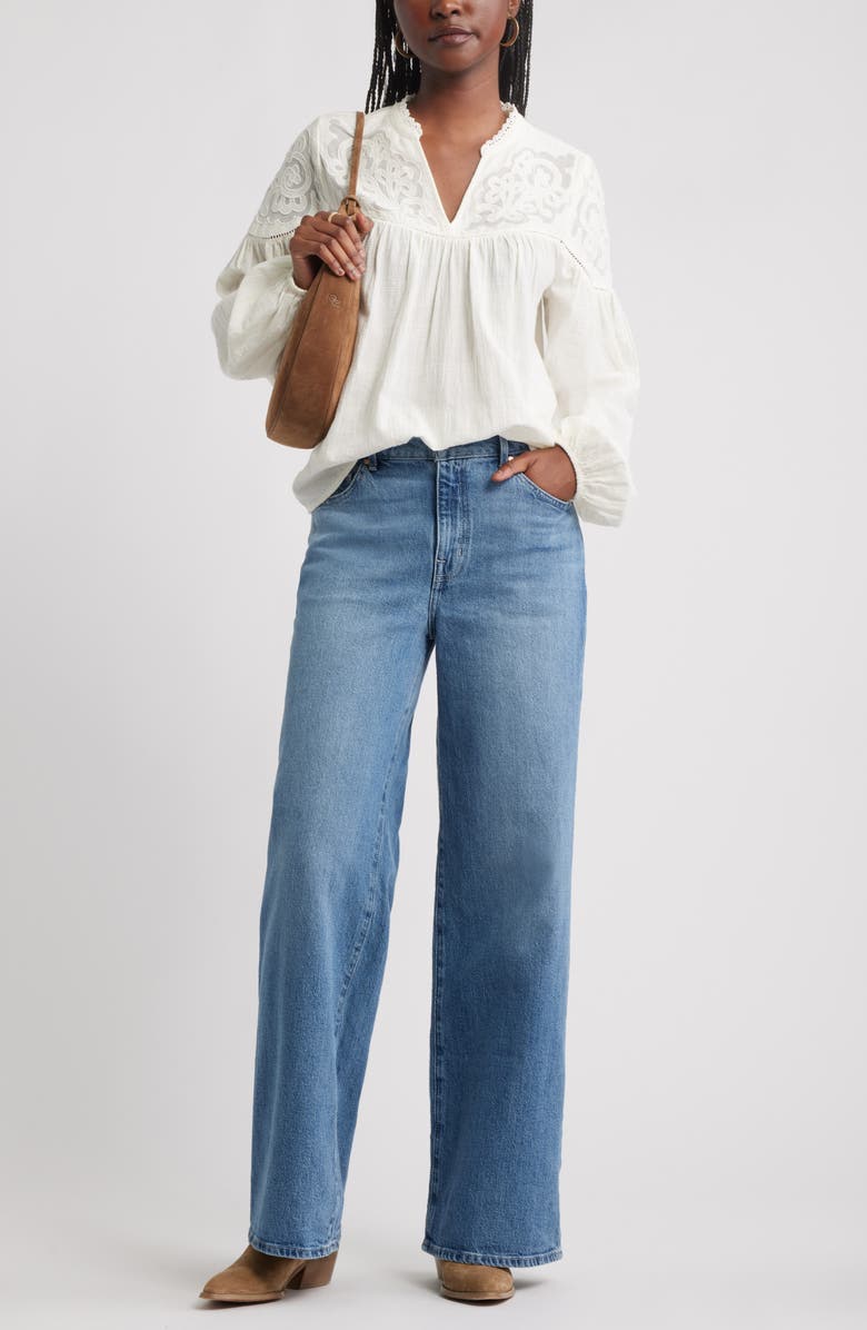 Treasure & Bond Appliqué Yoke Balloon Sleeve Cotton Top, Alternate, color, Ivory Egret